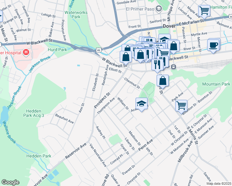 map of restaurants, bars, coffee shops, grocery stores, and more near 73 Thompson Avenue in Dover