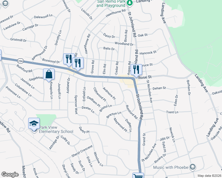 map of restaurants, bars, coffee shops, grocery stores, and more near 19 Sharon Court in Kings Park
