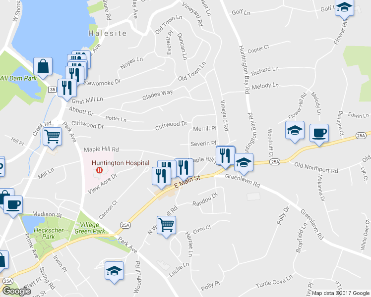 map of restaurants, bars, coffee shops, grocery stores, and more near 9 Hildreth Avenue in Huntington