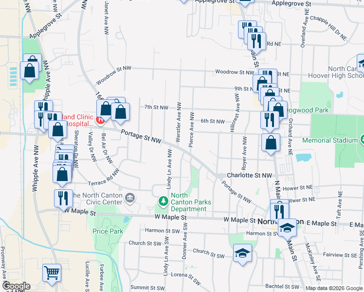 map of restaurants, bars, coffee shops, grocery stores, and more near 907 Portage Street Northwest in North Canton