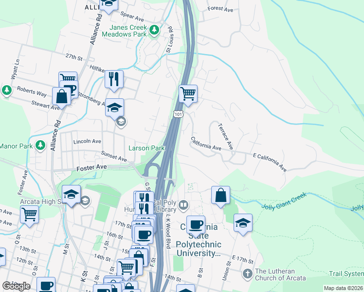 map of restaurants, bars, coffee shops, grocery stores, and more near 2925 Evergreen Avenue in Arcata