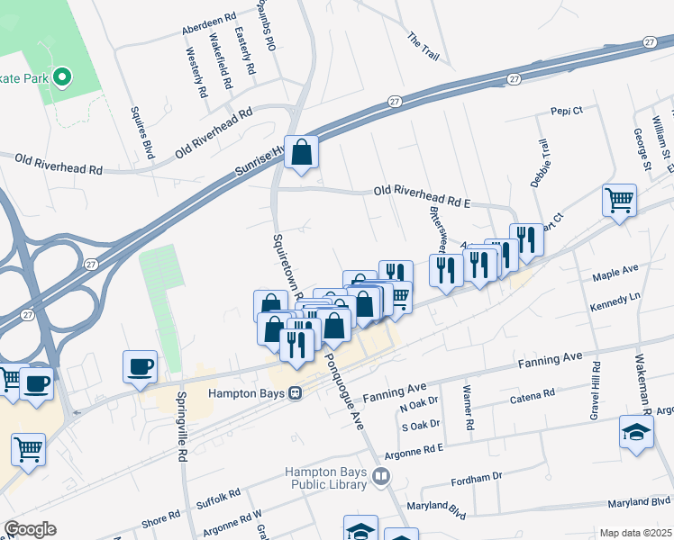 map of restaurants, bars, coffee shops, grocery stores, and more near 10 Squiretown Road in Hampton Bays
