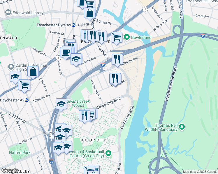 map of restaurants, bars, coffee shops, grocery stores, and more near 2298 Givan Avenue in The Bronx