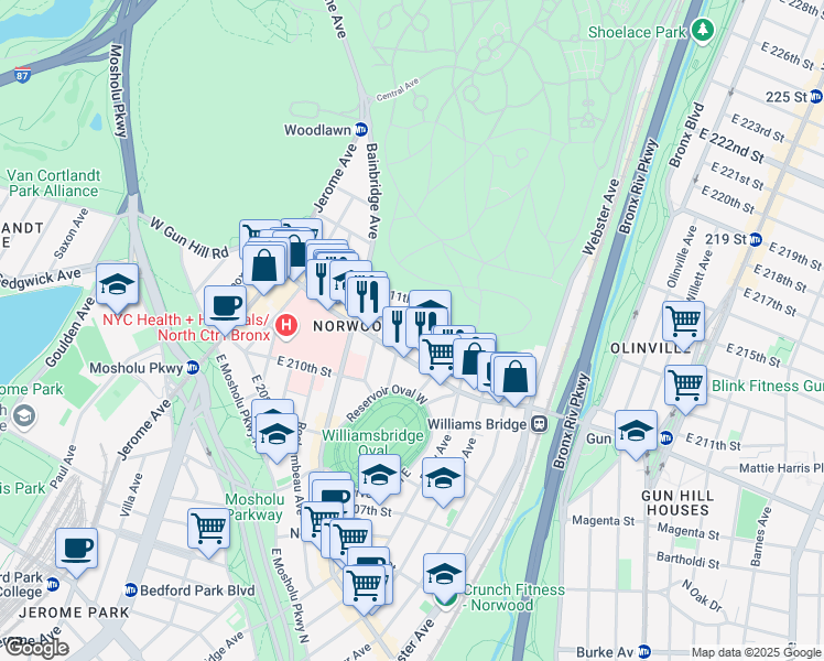 map of restaurants, bars, coffee shops, grocery stores, and more near 3520 Tryon Avenue in Bronx