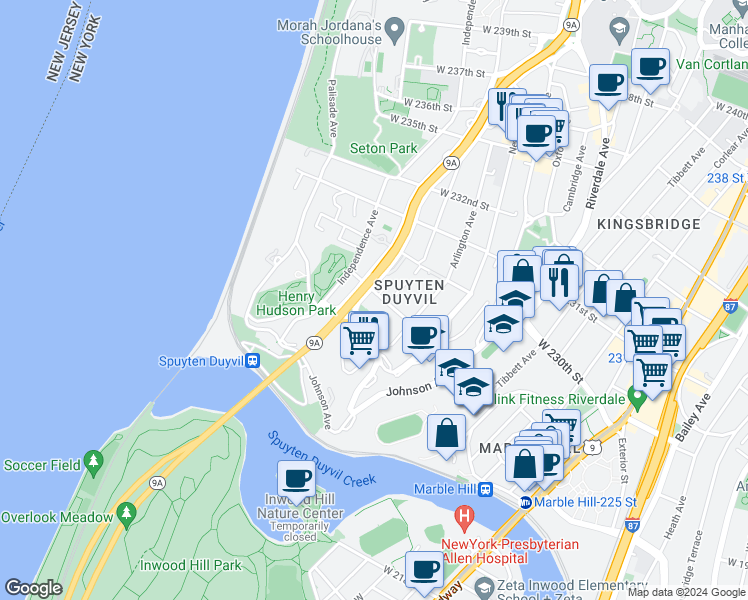 map of restaurants, bars, coffee shops, grocery stores, and more near 644 West 227th Street in Bronx