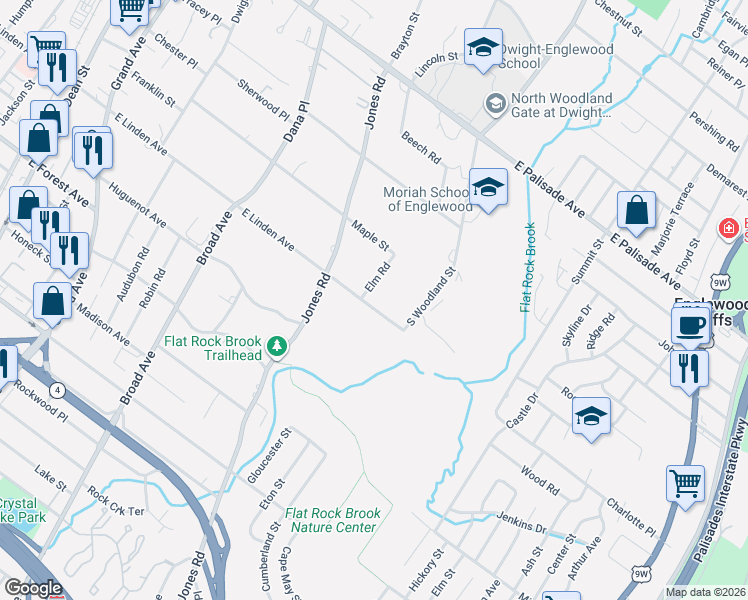 map of restaurants, bars, coffee shops, grocery stores, and more near 343 East Linden Avenue in Englewood