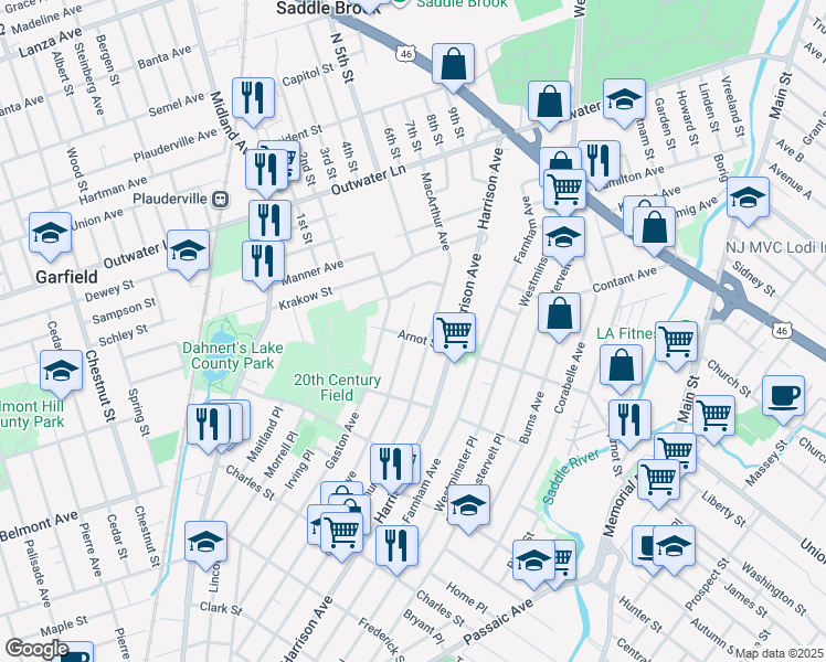 map of restaurants, bars, coffee shops, grocery stores, and more near 303 Malcolm Avenue in Garfield