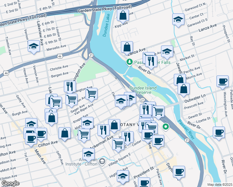 map of restaurants, bars, coffee shops, grocery stores, and more near 31 Van Riper Avenue in Clifton
