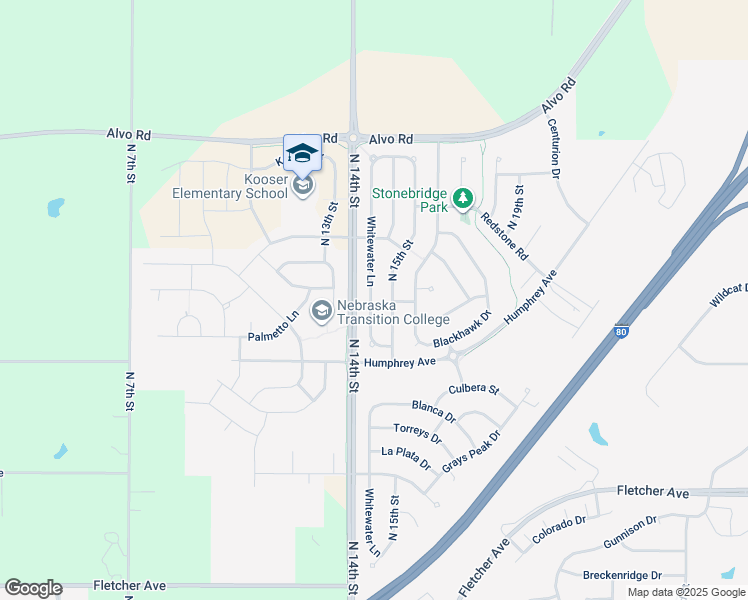 map of restaurants, bars, coffee shops, grocery stores, and more near 6955 Whitewater Lane in Lincoln