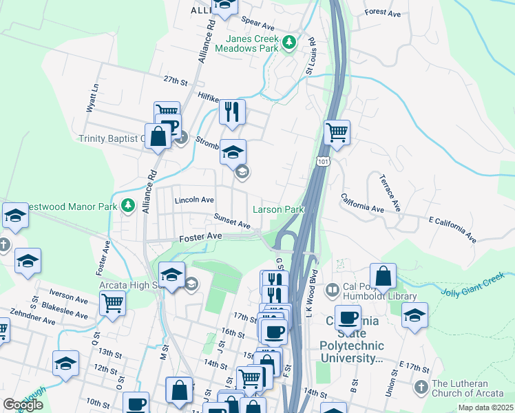 map of restaurants, bars, coffee shops, grocery stores, and more near 2261 Jay Street in Arcata