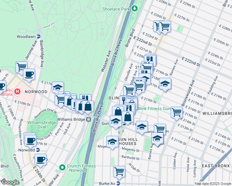 map of restaurants, bars, coffee shops, grocery stores, and more near 3632 Bronx Boulevard in Bronx