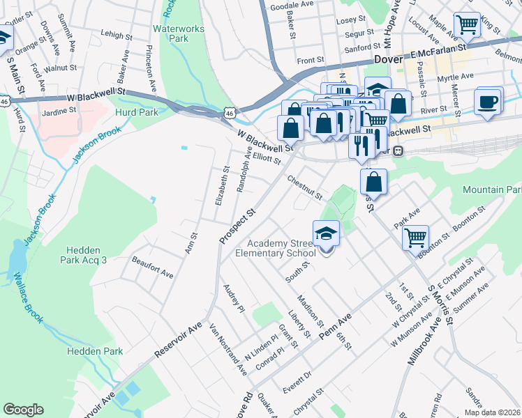 map of restaurants, bars, coffee shops, grocery stores, and more near 73 Thompson Avenue in Dover