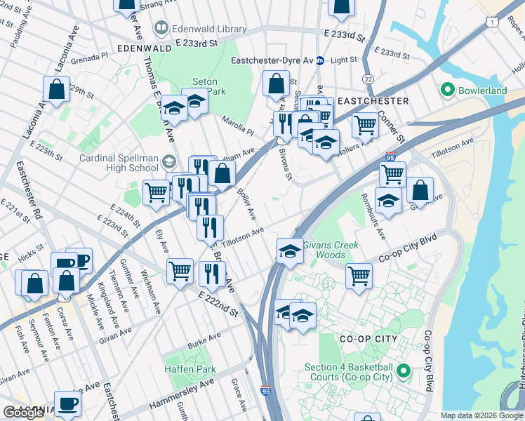 map of restaurants, bars, coffee shops, grocery stores, and more near 3423 Hunter Avenue in Bronx