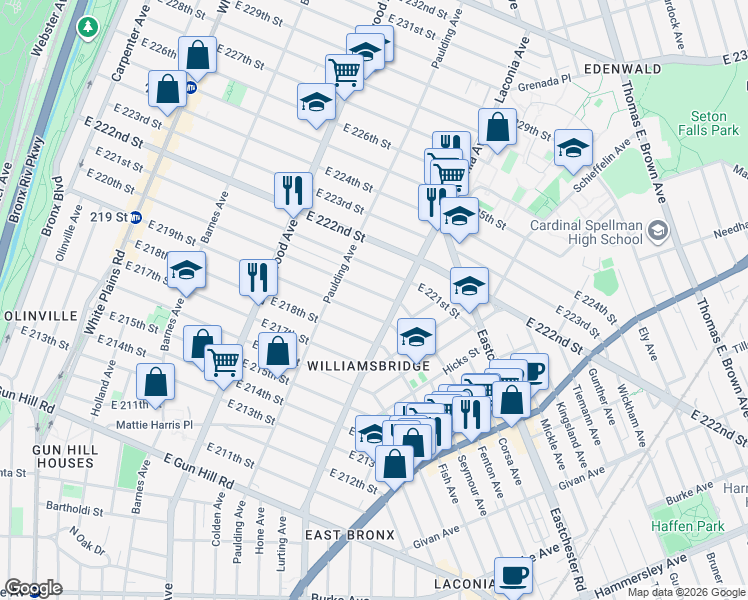 map of restaurants, bars, coffee shops, grocery stores, and more near 1046 East 220th Street in Bronx