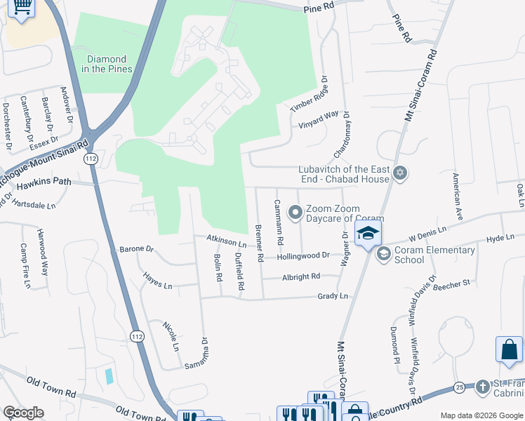 map of restaurants, bars, coffee shops, grocery stores, and more near 7 Brenner Road in Coram
