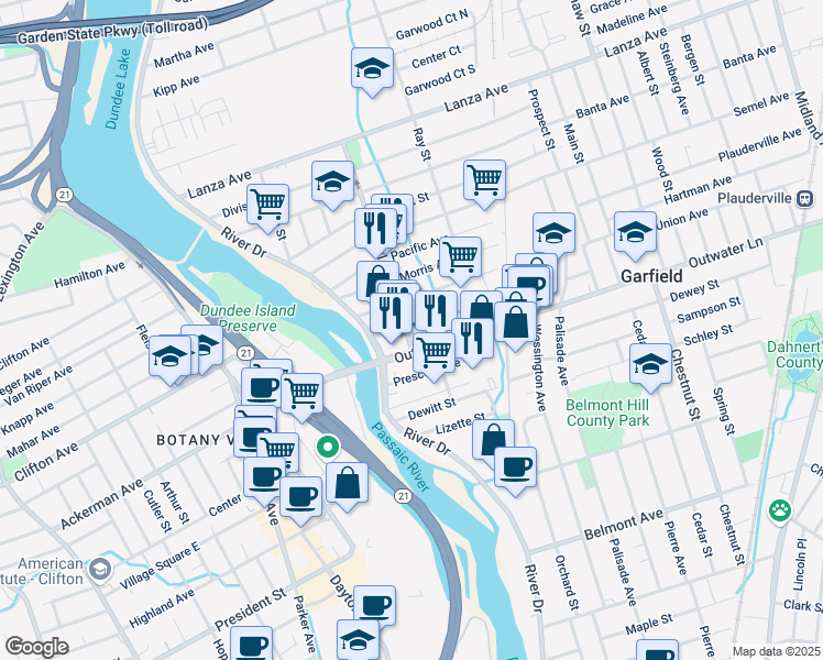 map of restaurants, bars, coffee shops, grocery stores, and more near 18A Jewell St in Garfield