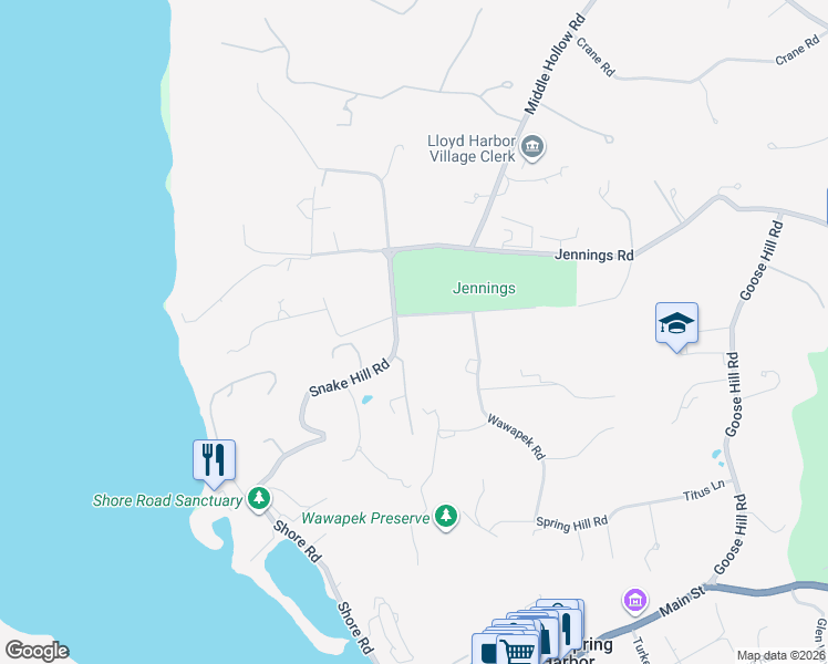 map of restaurants, bars, coffee shops, grocery stores, and more near 55 White Hill Road in Cold Spring Harbor