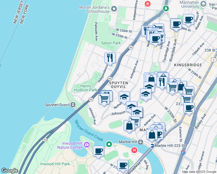 map of restaurants, bars, coffee shops, grocery stores, and more near in The Bronx
