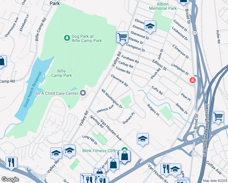 map of restaurants, bars, coffee shops, grocery stores, and more near 6 Degraw Avenue in Clifton