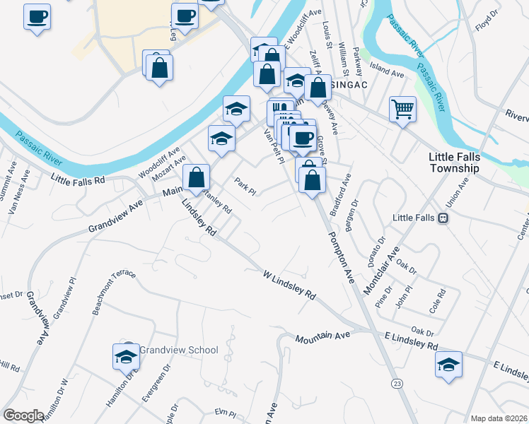 map of restaurants, bars, coffee shops, grocery stores, and more near 34 Tolstoi Place in Little Falls