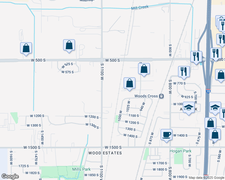 map of restaurants, bars, coffee shops, grocery stores, and more near 1064 West Audrey Lane in Woods Cross