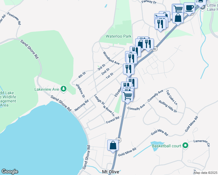 map of restaurants, bars, coffee shops, grocery stores, and more near 38 Netcong Road in Mount Olive