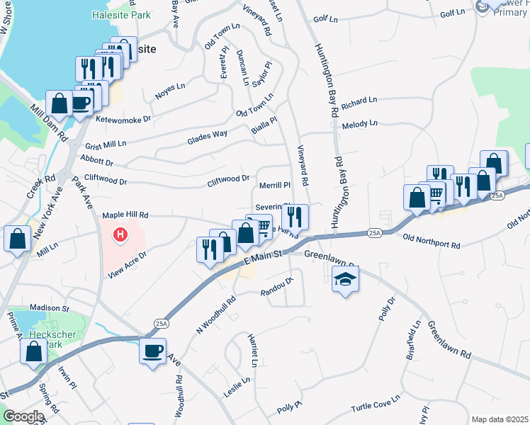 map of restaurants, bars, coffee shops, grocery stores, and more near 15 Severin Place in Halesite