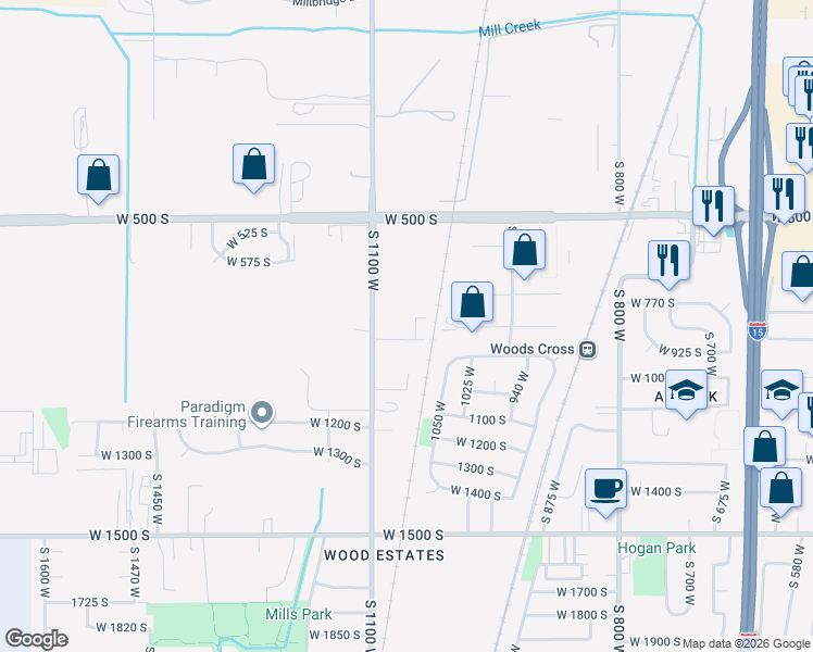 map of restaurants, bars, coffee shops, grocery stores, and more near 1068 West Audrey Lane in Woods Cross