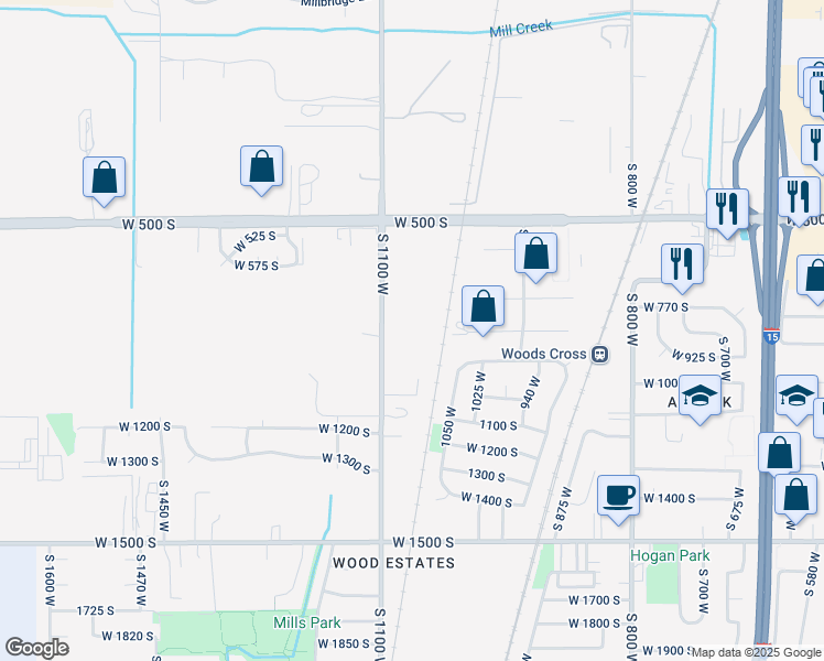 map of restaurants, bars, coffee shops, grocery stores, and more near 1072 West Audrey Lane in Woods Cross