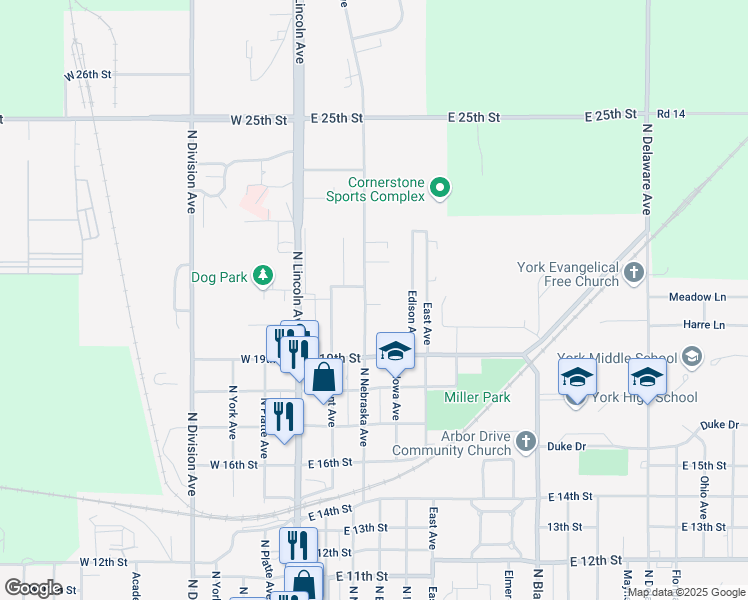 map of restaurants, bars, coffee shops, grocery stores, and more near 2024 North Nebraska Avenue in York