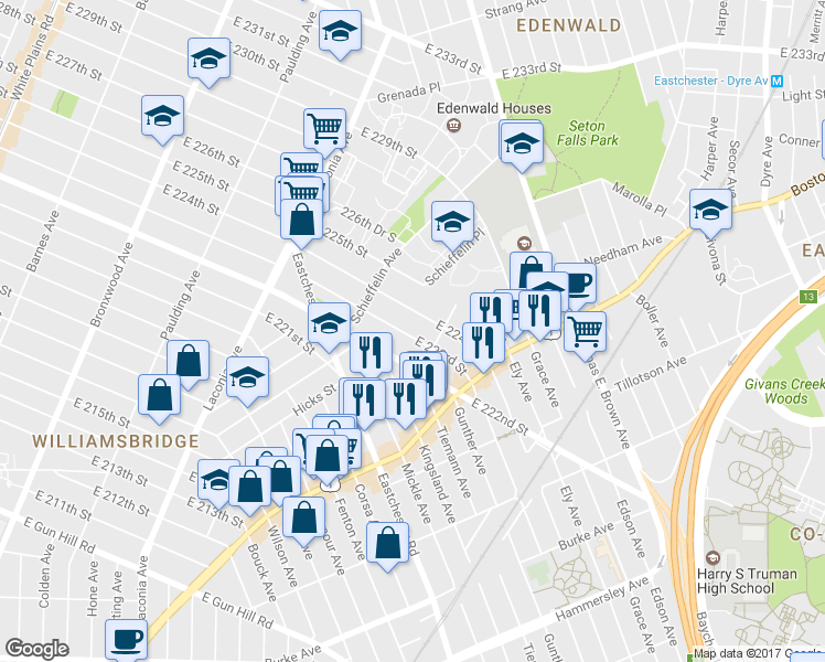 map of restaurants, bars, coffee shops, grocery stores, and more near 1263 East 223rd Street in Bronx