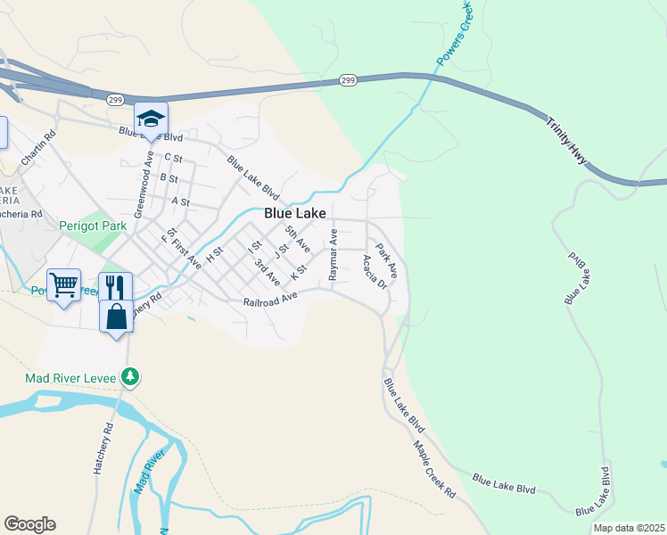 map of restaurants, bars, coffee shops, grocery stores, and more near Raymar Avenue in Blue Lake