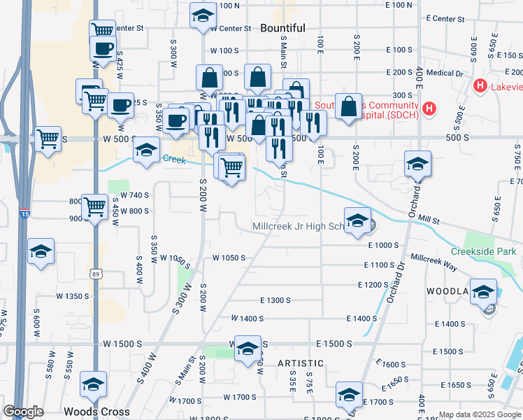 map of restaurants, bars, coffee shops, grocery stores, and more near 650 South Main Street in Bountiful
