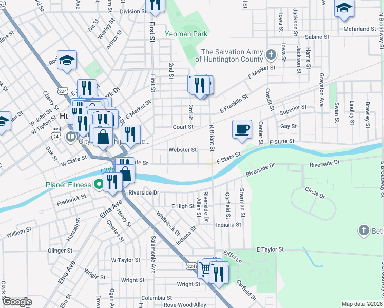 map of restaurants, bars, coffee shops, grocery stores, and more near Edgerton St in Huntington