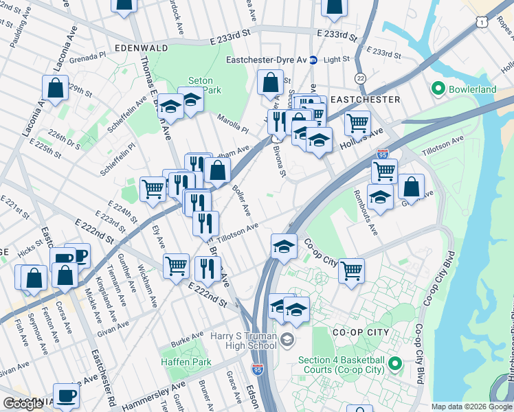 map of restaurants, bars, coffee shops, grocery stores, and more near 3423 Hunter Avenue in Bronx