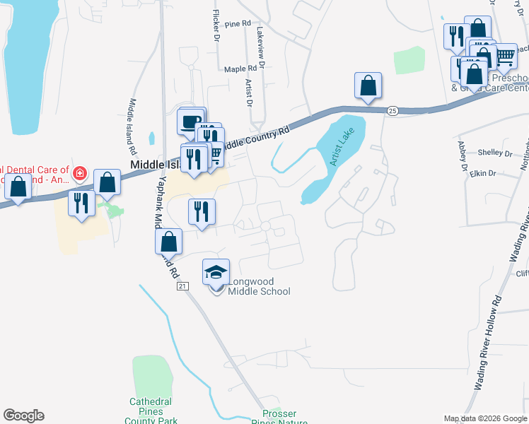 map of restaurants, bars, coffee shops, grocery stores, and more near 9 Artist Lake Drive in Middle Island