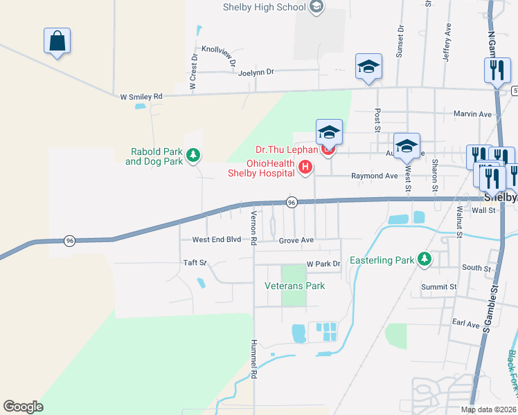 map of restaurants, bars, coffee shops, grocery stores, and more near 1-5 Vernon Rd in Shelby