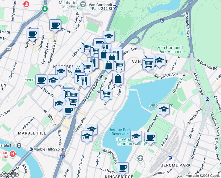 map of restaurants, bars, coffee shops, grocery stores, and more near 3400 Fort Independence Street in Bronx