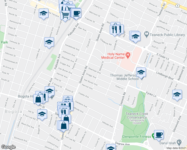 map of restaurants, bars, coffee shops, grocery stores, and more near 165 Griggs Avenue in Teaneck