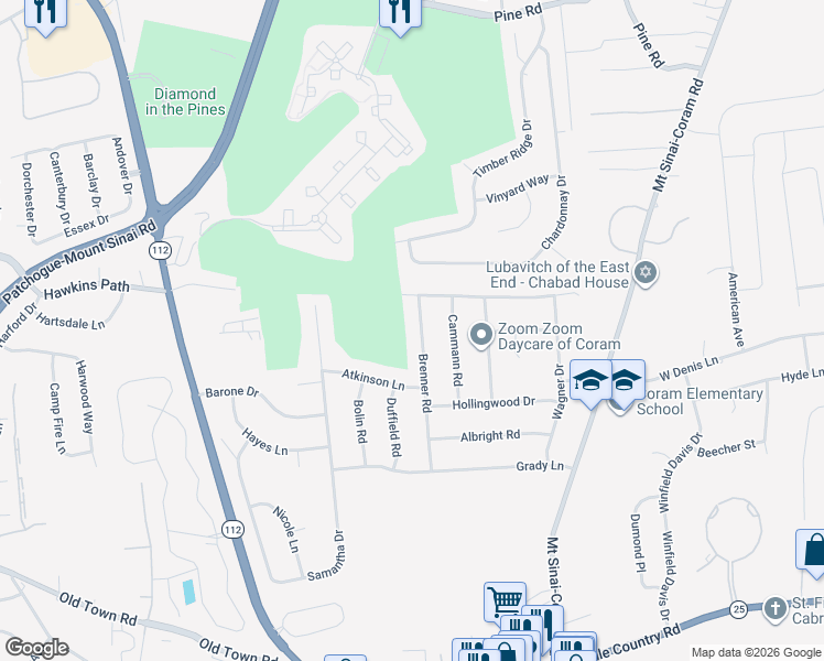 map of restaurants, bars, coffee shops, grocery stores, and more near 8 Brenner Road in Coram