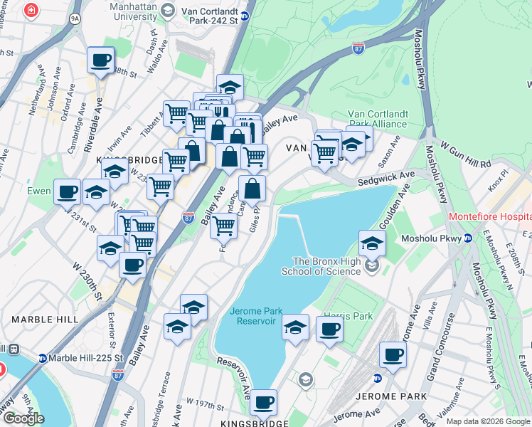 map of restaurants, bars, coffee shops, grocery stores, and more near 3438 Giles Place in Bronx