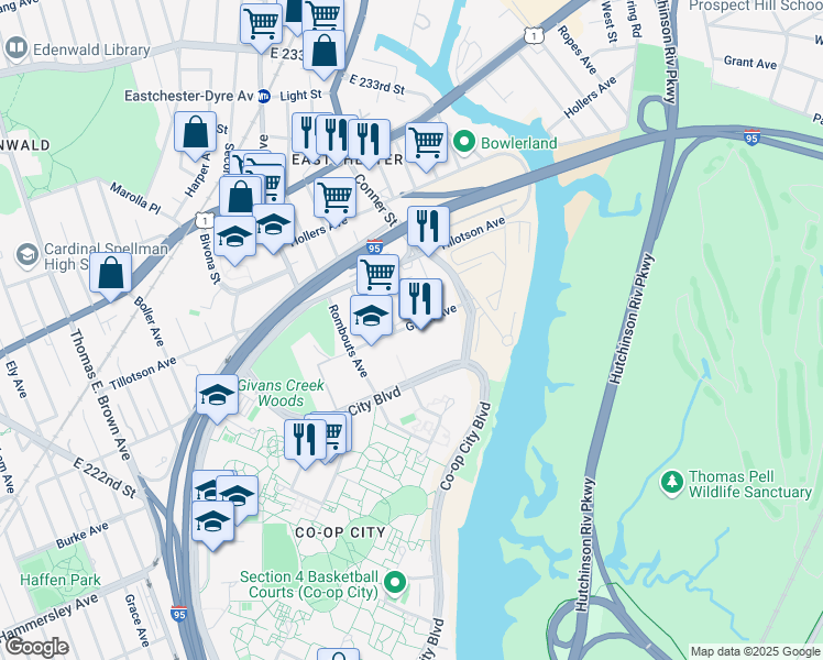 map of restaurants, bars, coffee shops, grocery stores, and more near 2298 Givan Avenue in The Bronx