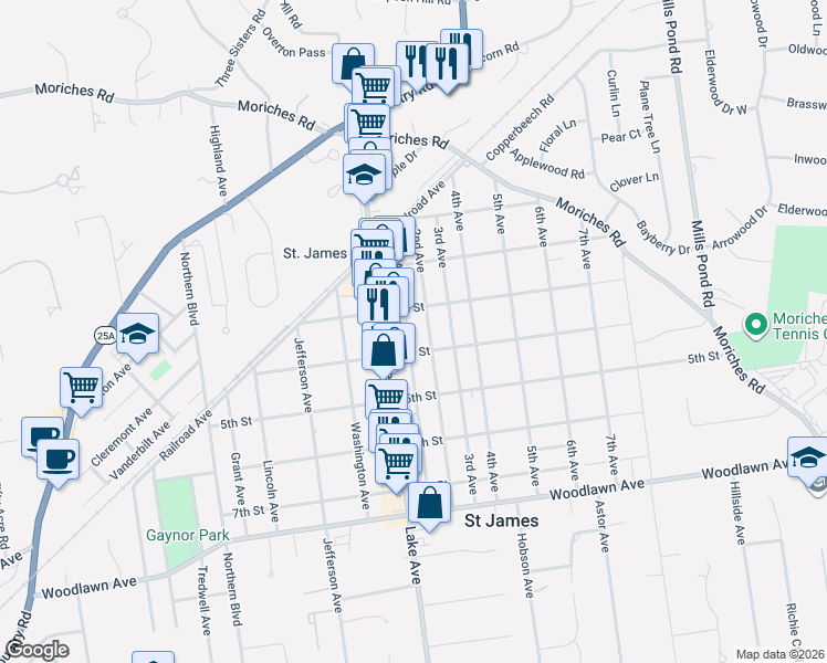 map of restaurants, bars, coffee shops, grocery stores, and more near 299 1st Avenue in Saint James