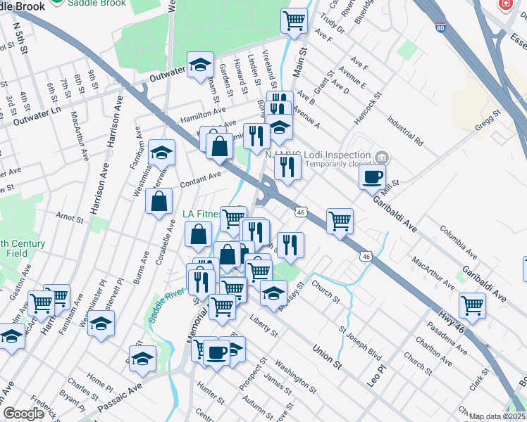 map of restaurants, bars, coffee shops, grocery stores, and more near 232 Main Street in Lodi