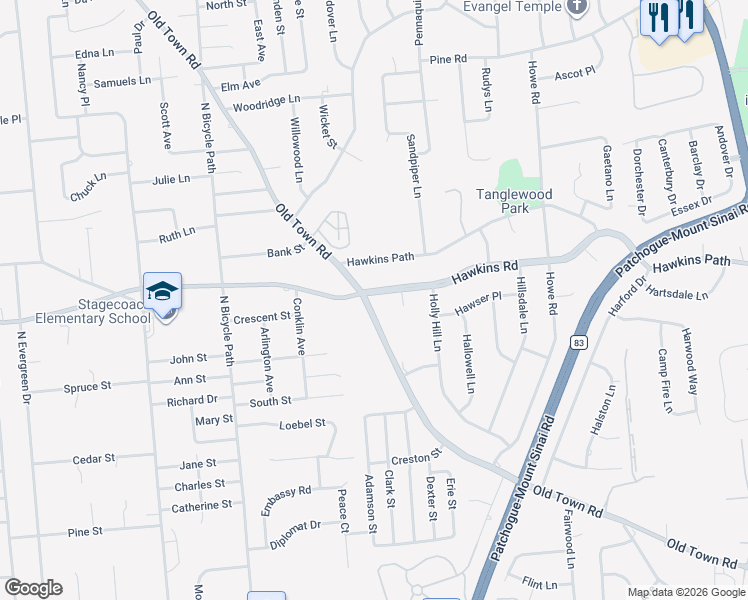 map of restaurants, bars, coffee shops, grocery stores, and more near 652 Hawkins Road East in Coram