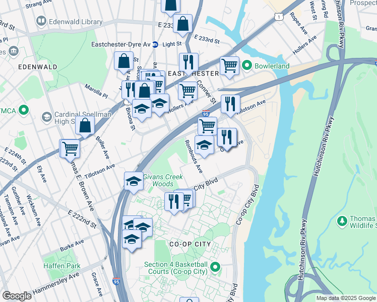 map of restaurants, bars, coffee shops, grocery stores, and more near 3321 Rombouts Avenue in Bronx