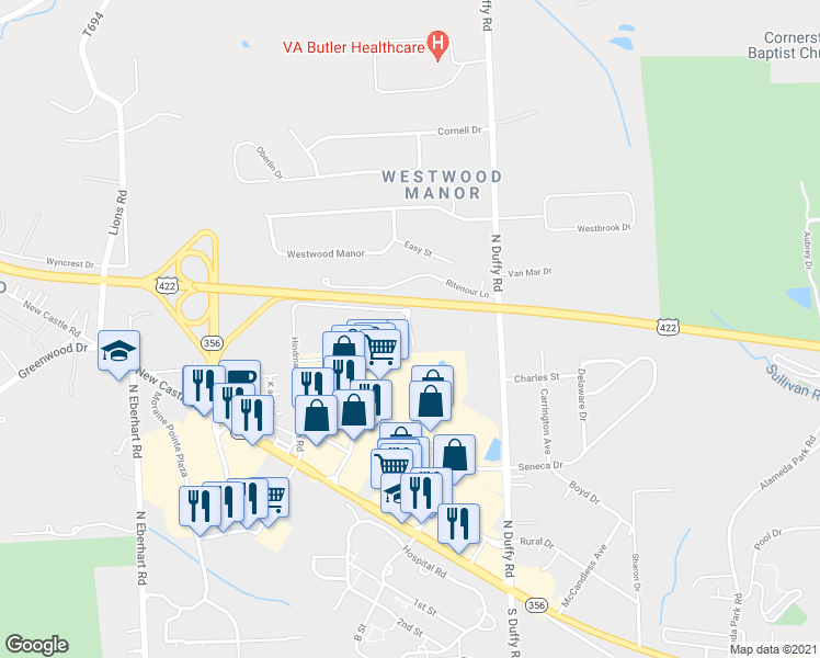 map of restaurants, bars, coffee shops, grocery stores, and more near 110 Court Side Lane in Butler