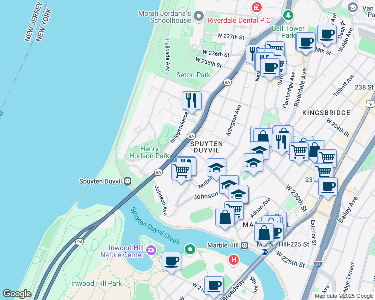 map of restaurants, bars, coffee shops, grocery stores, and more near 644 West 227th Street in Bronx