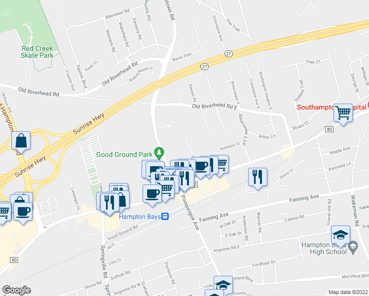 map of restaurants, bars, coffee shops, grocery stores, and more near 10 Squiretown Road in Hampton Bays