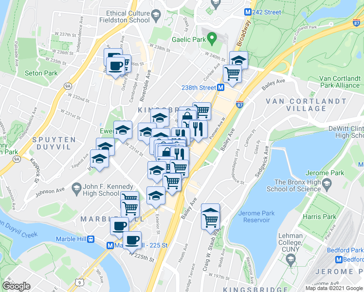 map of restaurants, bars, coffee shops, grocery stores, and more near 208 W 233rd St in Bronx